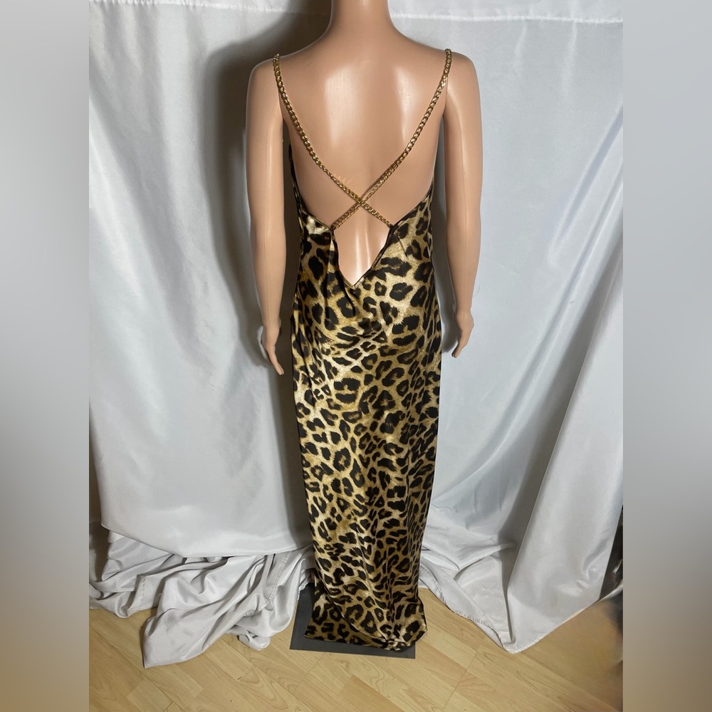 MICAS Leopard Print Satin Maxi Dress Gold Chain Open Back Size L - Picture 3 of 9